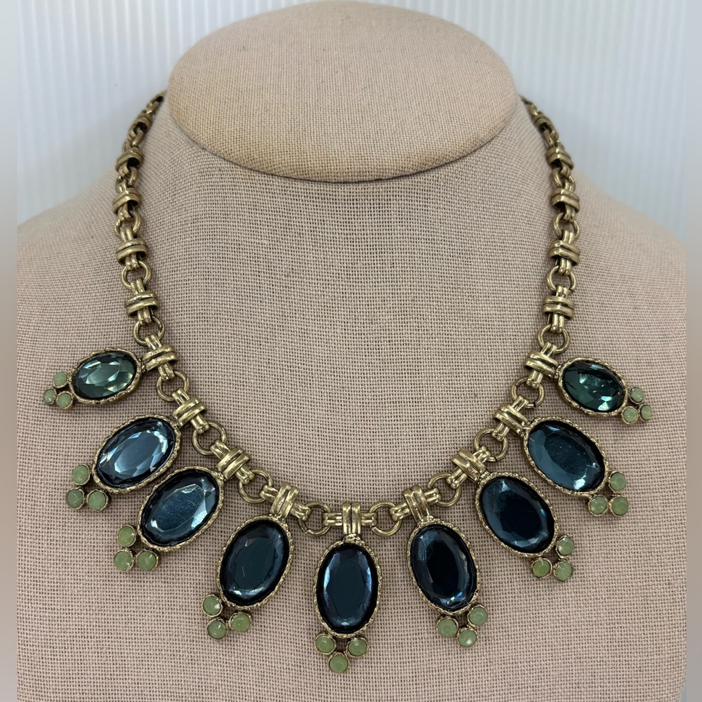 NWT Vineyard Haven Gold Chain Blue and Green Rhinestone Statement Necklace, Flaw